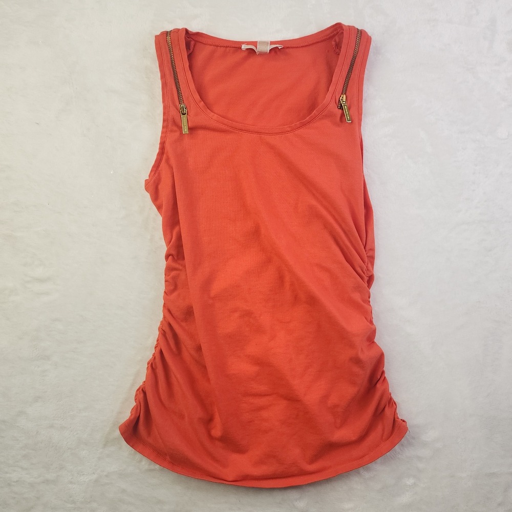 Michael Kors Orange Ruched Side Zipper Shoulder Tank Top Womens Medium